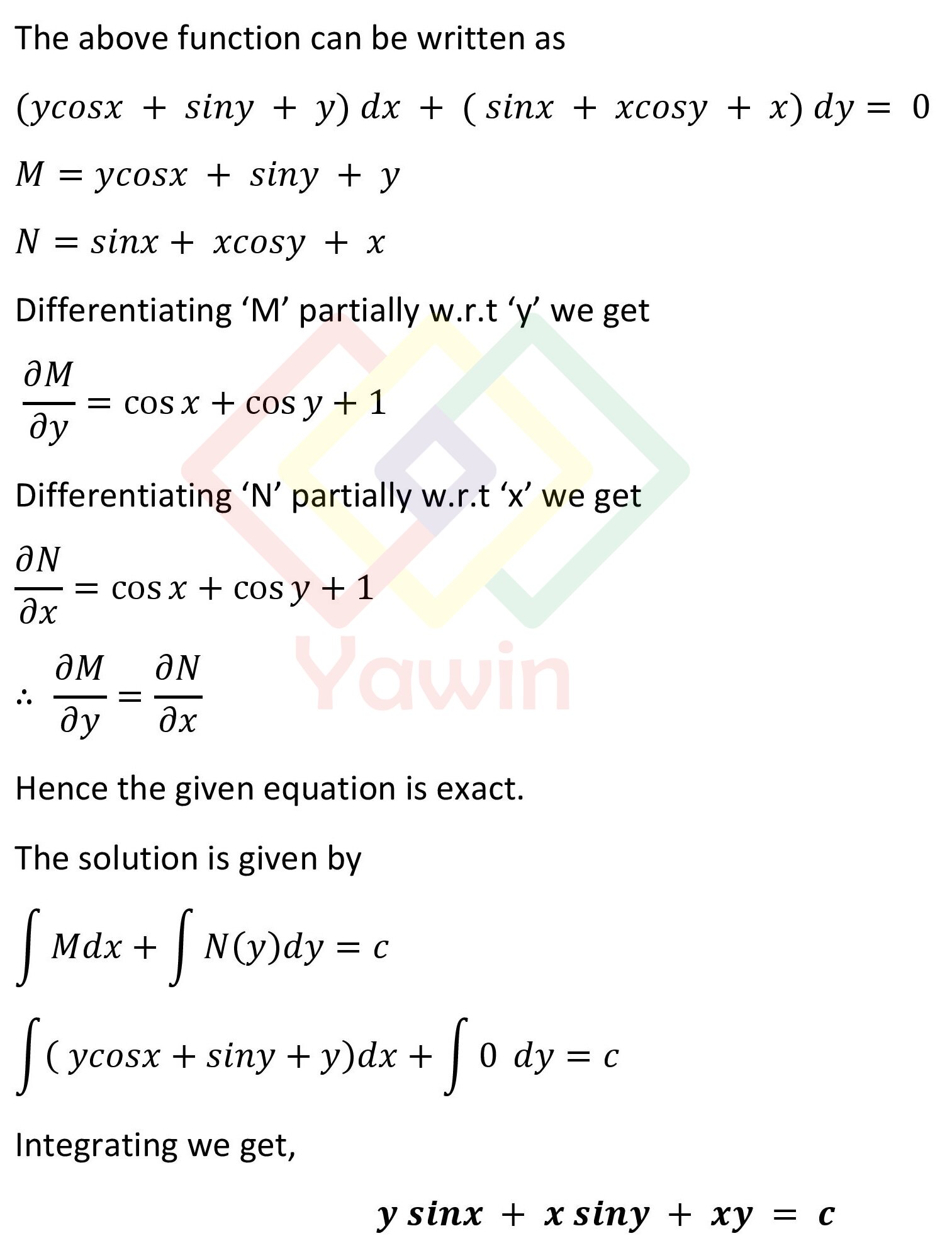 Solve dy/dx+(y cosx +siny +y)/(sinx + xcosy +x)=0 Yawin