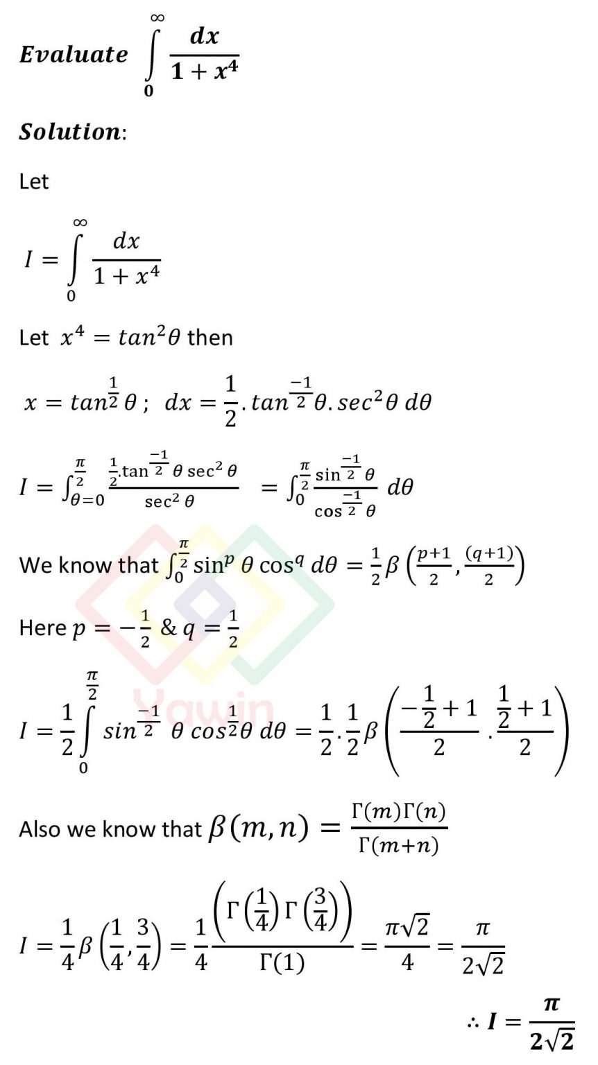 Evaluate integral of (1/(1+x^4)) dx over the limits (0 to infinity) – Yawin