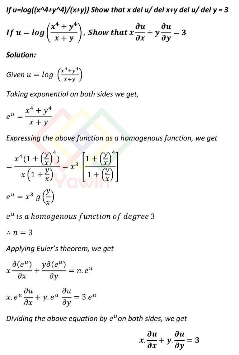 If U log x 4 y 4 x y Show That X u x y u y 3 Using Euler s if-u-log-x-4-y-4-x-y-show-that-x-u-x-y-u-y-3-using-euler-s