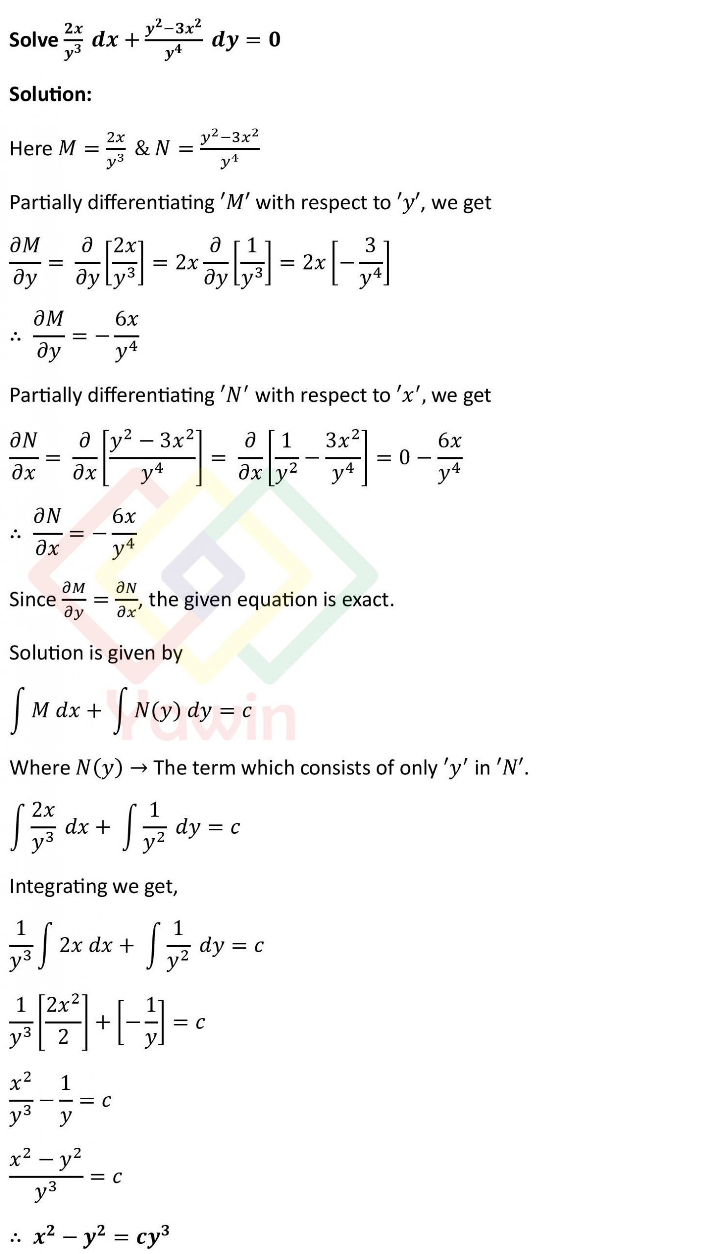 Solve 2x/y^3 dx+(y^2-3x^2/y^4) dy=0 – Yawin
